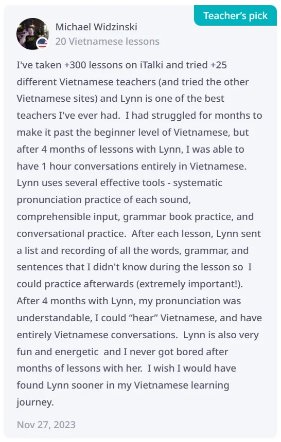 Student review from Michael