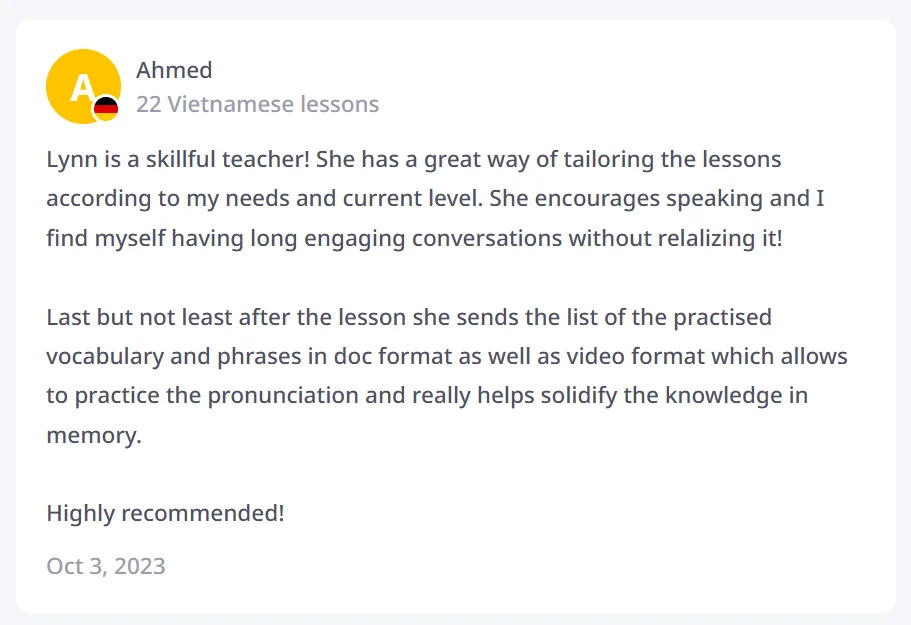 Student review from Ahmed
