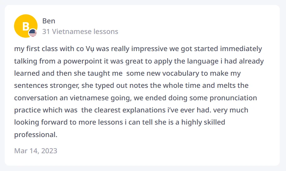 Student review from Ben