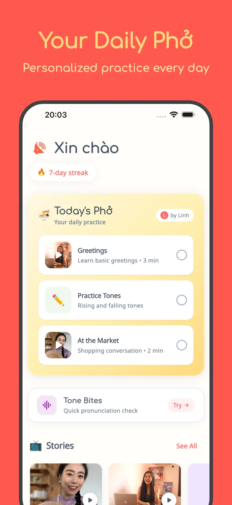 PhoSpeak daily learning feed with personalized Vietnamese lessons, stories, and practice exercises